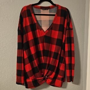 BloomChic V-Neck Red and Black Checkered Long Sleeve Top